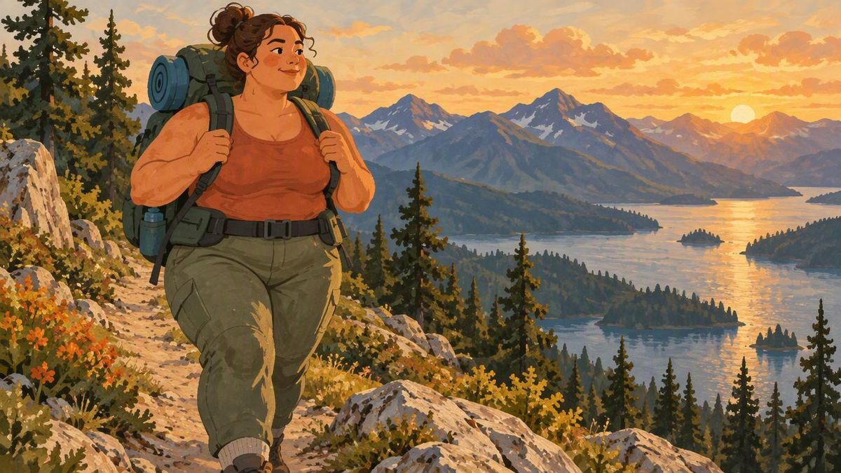 Illustration of a plus-size woman hiking a ridge with a well-fitted backpack