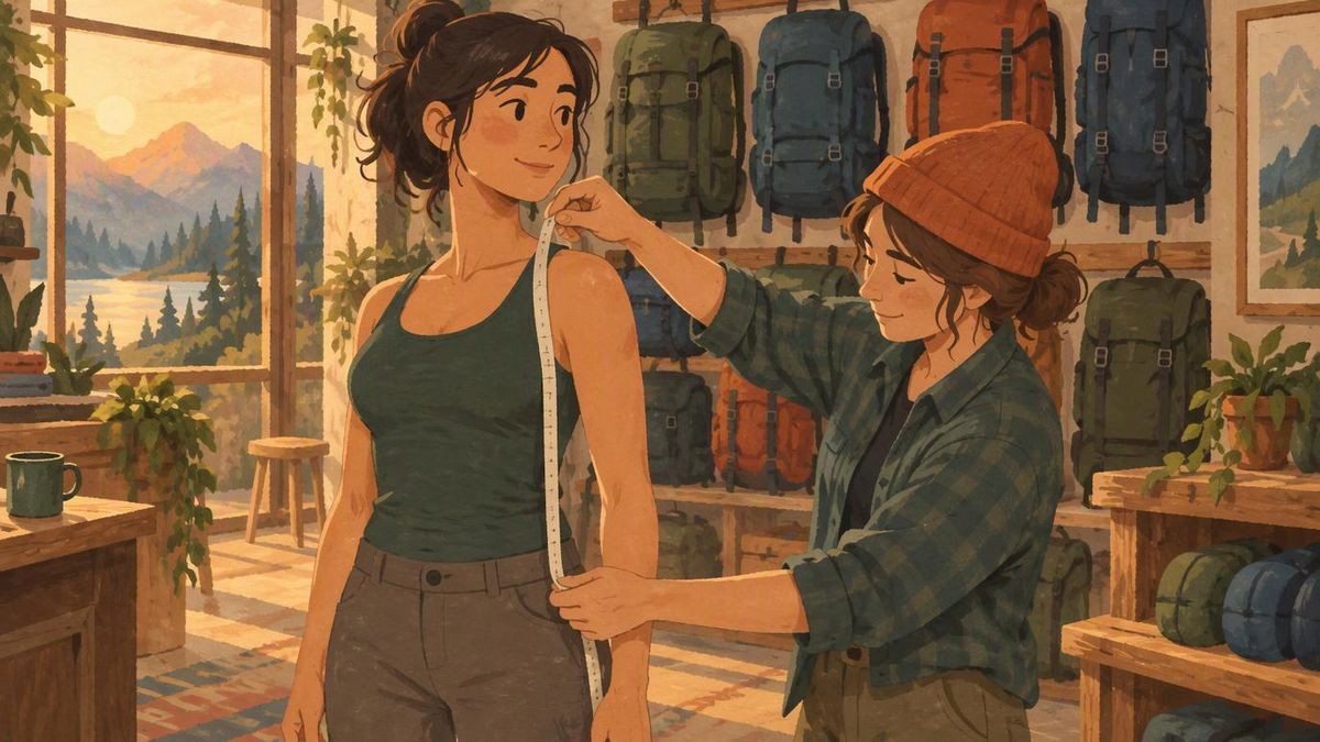 Illustration of a woman having her torso length measured in a gear shop